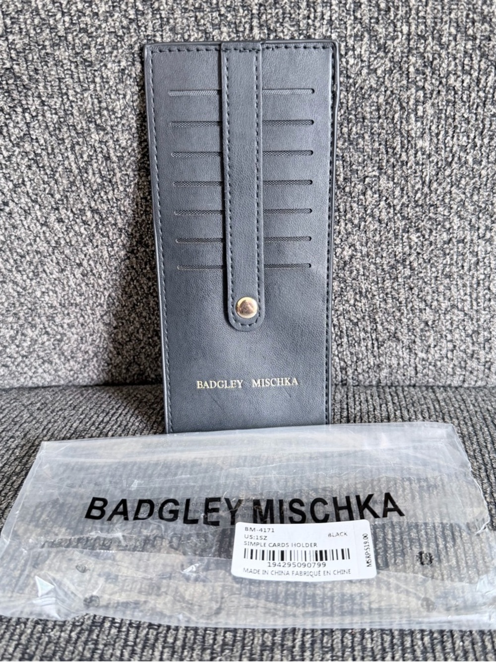 Badgley Mischka Black Leather Slim Card & Key Holder with Gold Logo